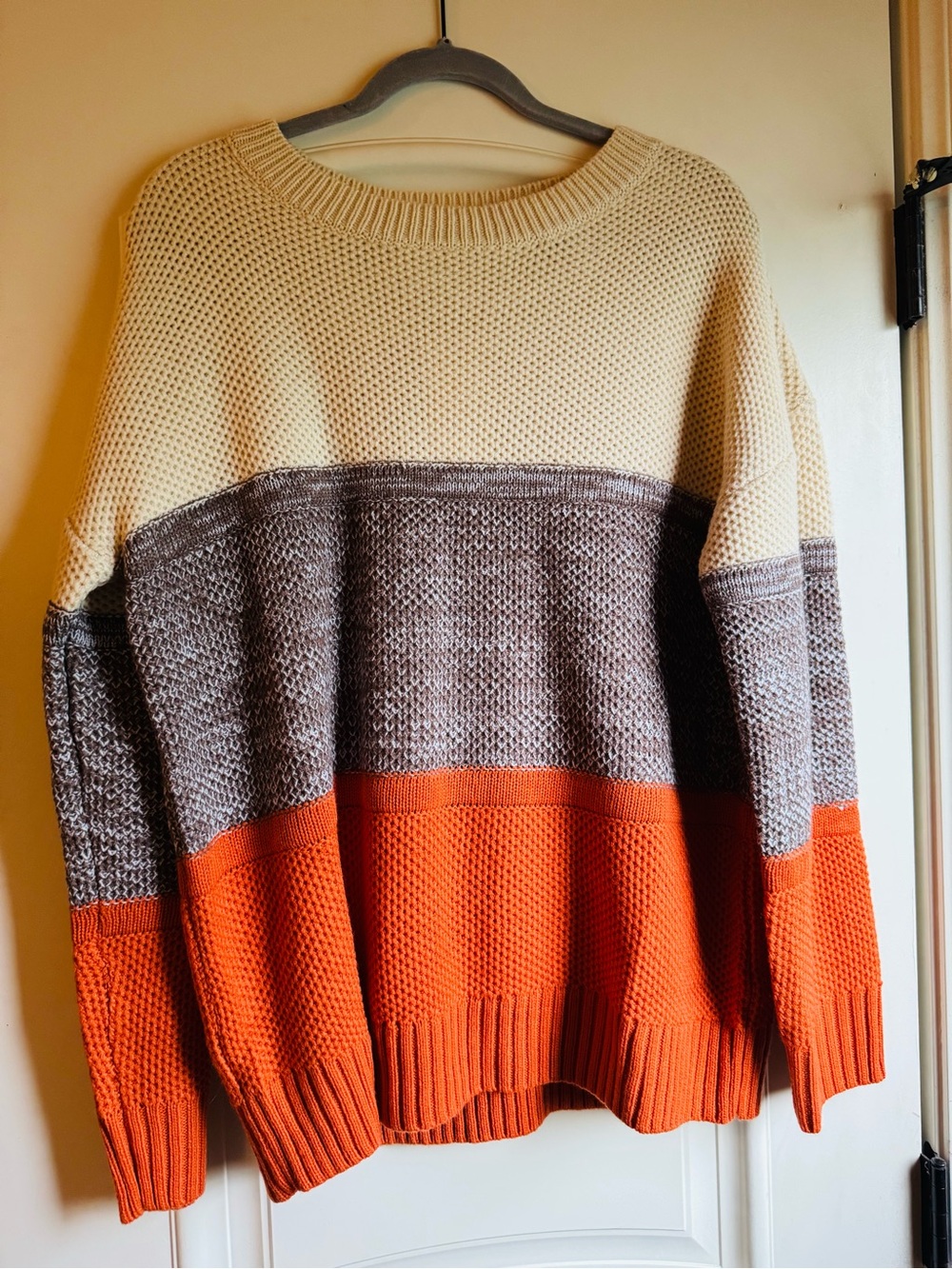 Three-Tone Crewneck Sweater - Cream, Tan & Orange